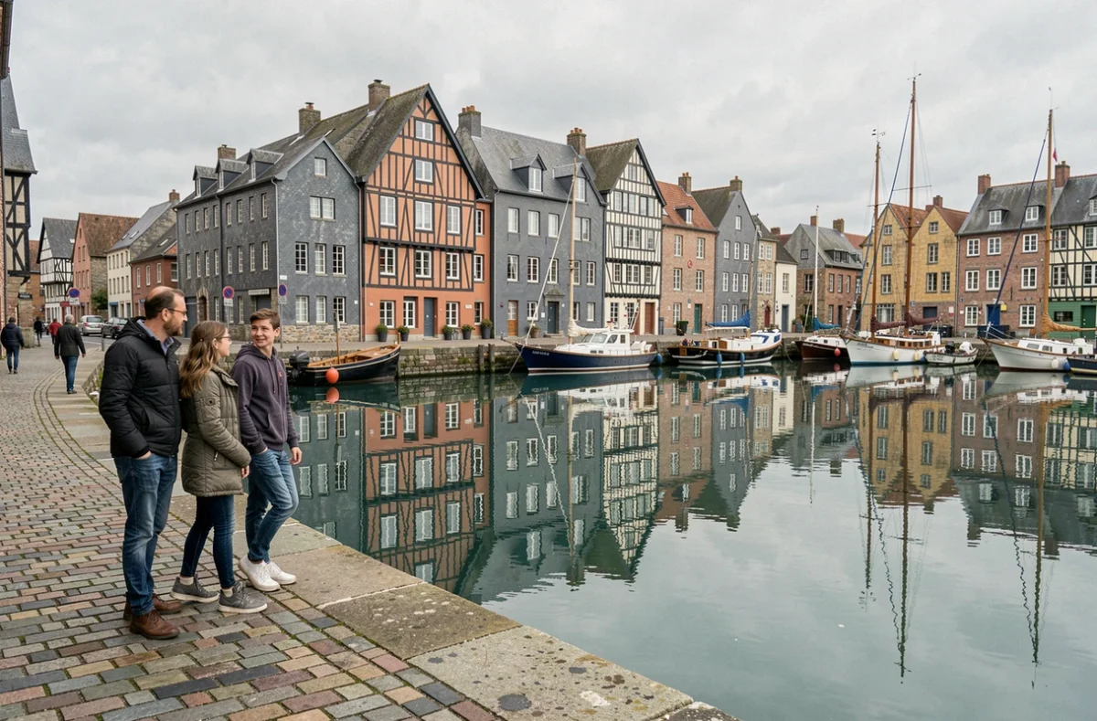 Famille se promenant sur le quai du Vieux Bassin de Honfleur avec reflets des maisons colorées