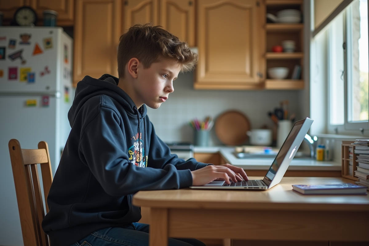 Adolescent à la maison devant son ordinateur portable