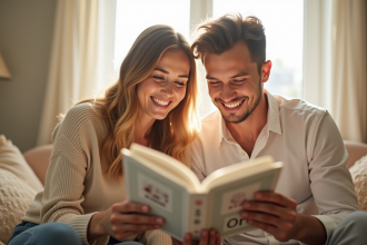 Jeune couple souriant dans une nurserie lumineuse lisant un livre de noms