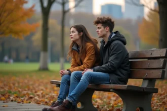 Jeune couple assis sur un banc dans un parc automnal