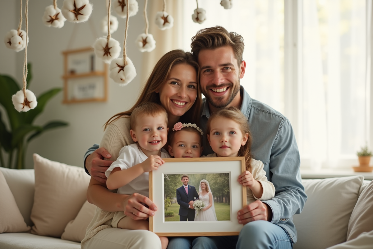 Jeune couple embrasse dans le salon avec photo de mariage