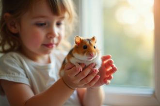 Jeune enfant tenant doucement un hamster russe dans les mains