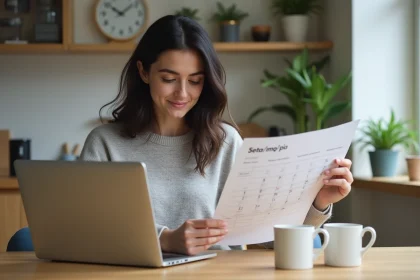 Jeune femme étudie un calendrier semaine paire à la maison
