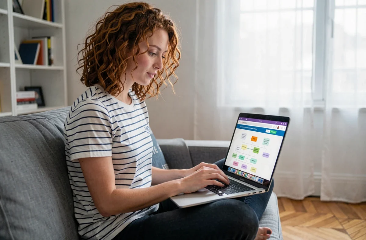 Jeune femme utilisant un site de généalogie en ligne sur son ordinateur portable pour retrouver ses ancêtres depuis chez elle