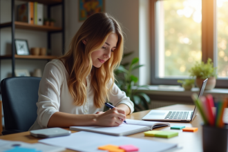 Jeune femme concentrée organisant son planning au bureau