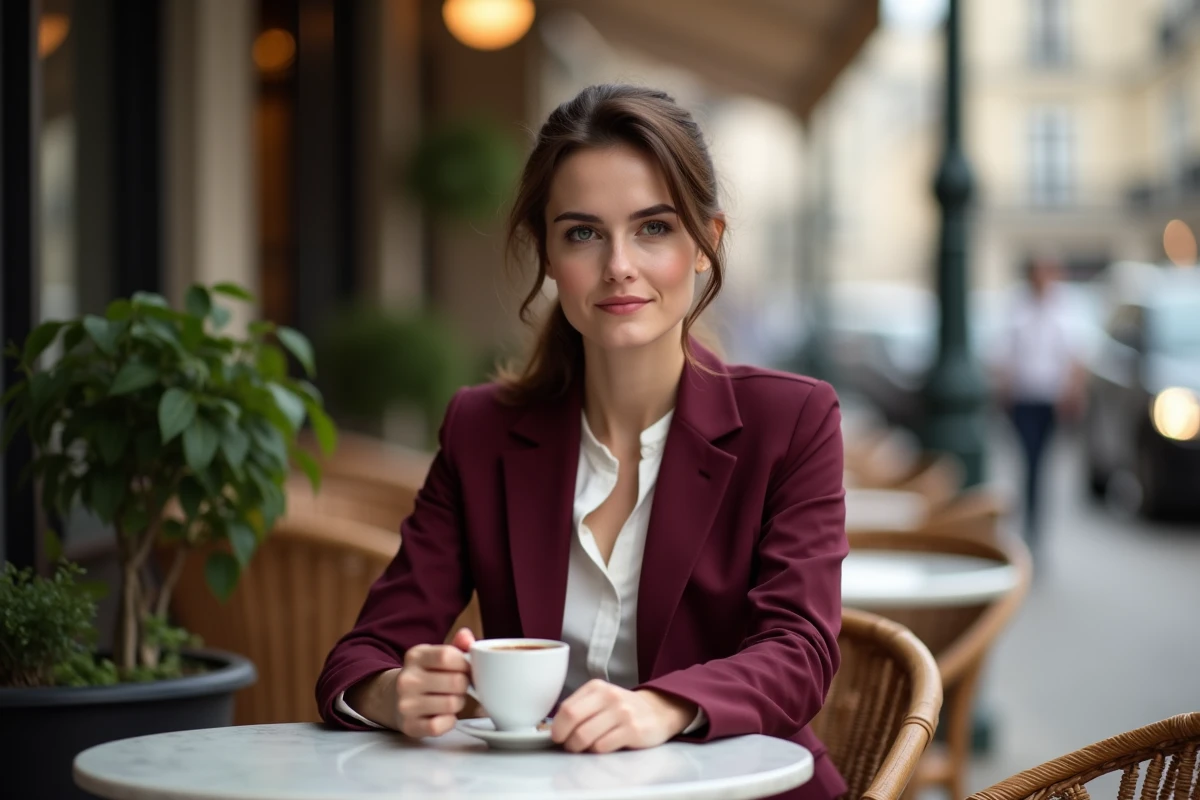 Jeune femme politique française assise en terrasse de café parisien, regard pensif et tenue élégante