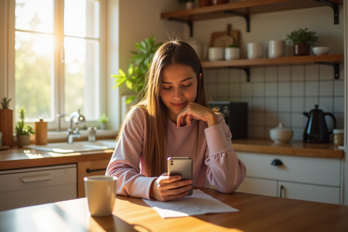 Jeune adulte assise pensivement avec son téléphone dans une cuisine lumineuse