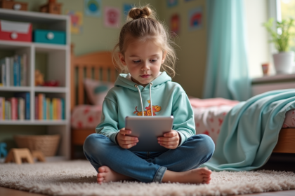 Jeune fille assise sur le sol de sa chambre avec une tablette