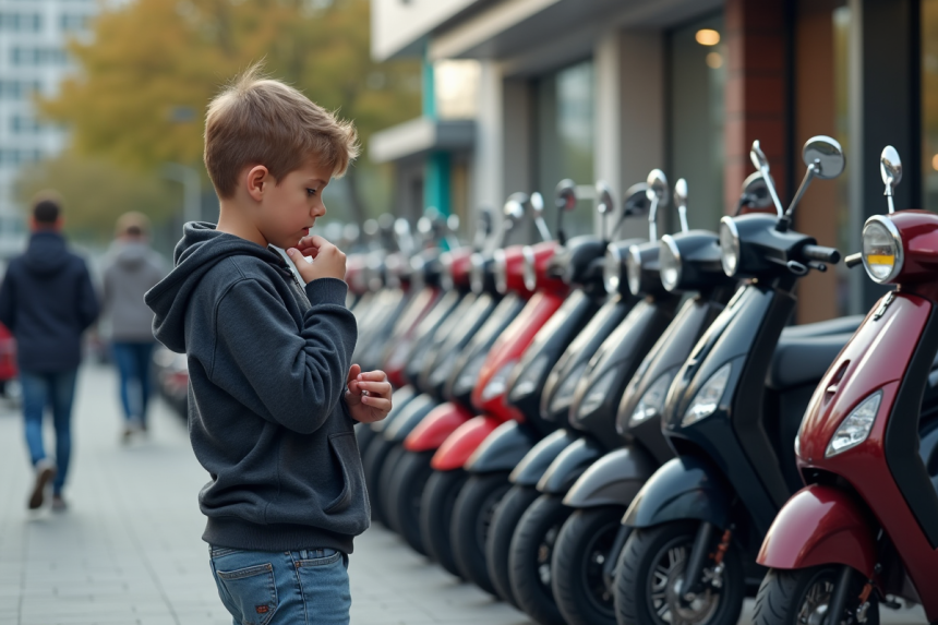 Jeune garçon de 14 ans examine des scooters en ville