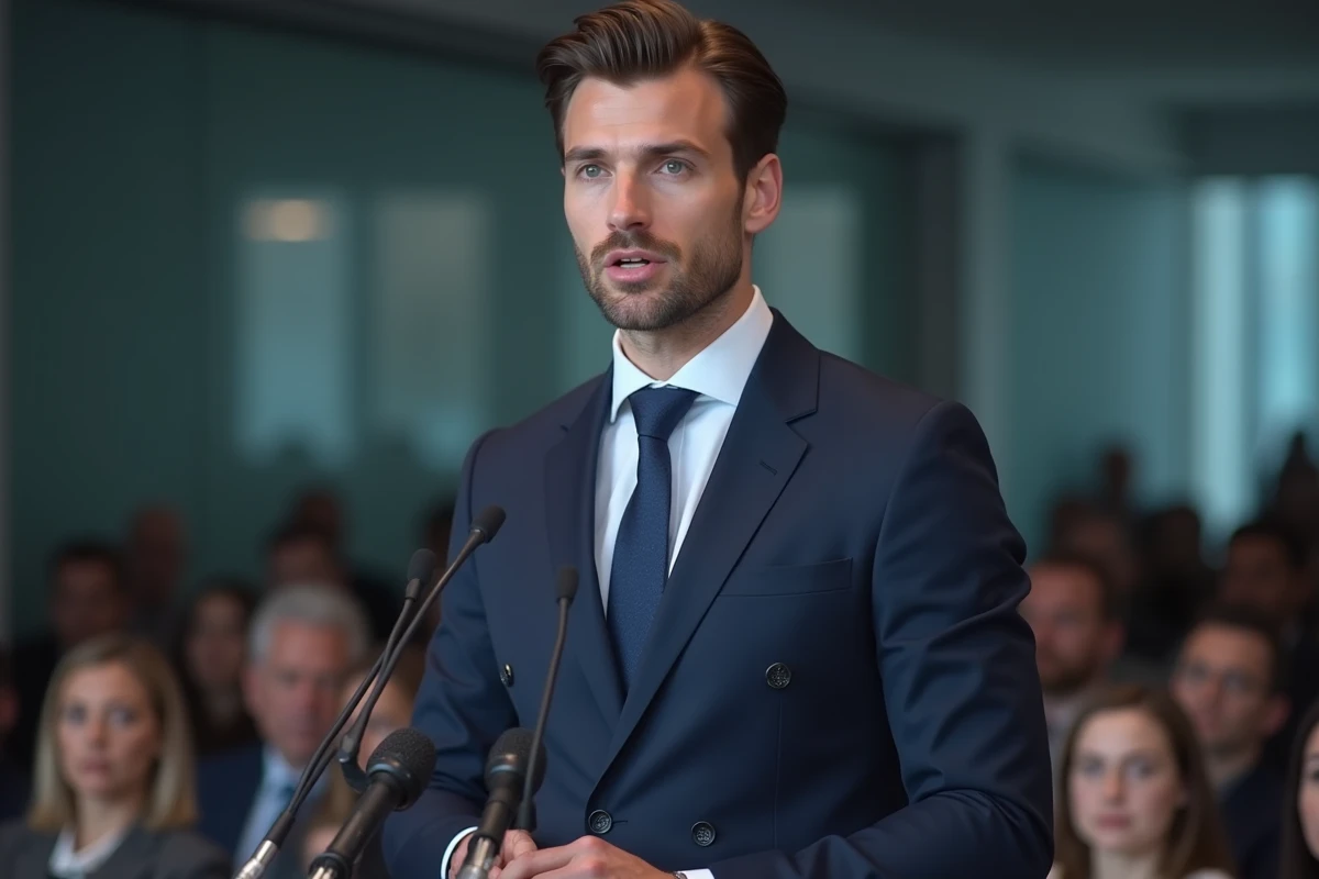 Jeune homme politique français en costume marine prenant la parole lors d'un événement de presse, posture assurée devant des micros
