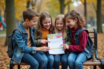 Jeunes collégiens regardant un calendrier scolaire d'octobre 2026