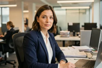 Journaliste française professionnelle assise dans une salle de rédaction moderne, exprimant confiance et sérénité