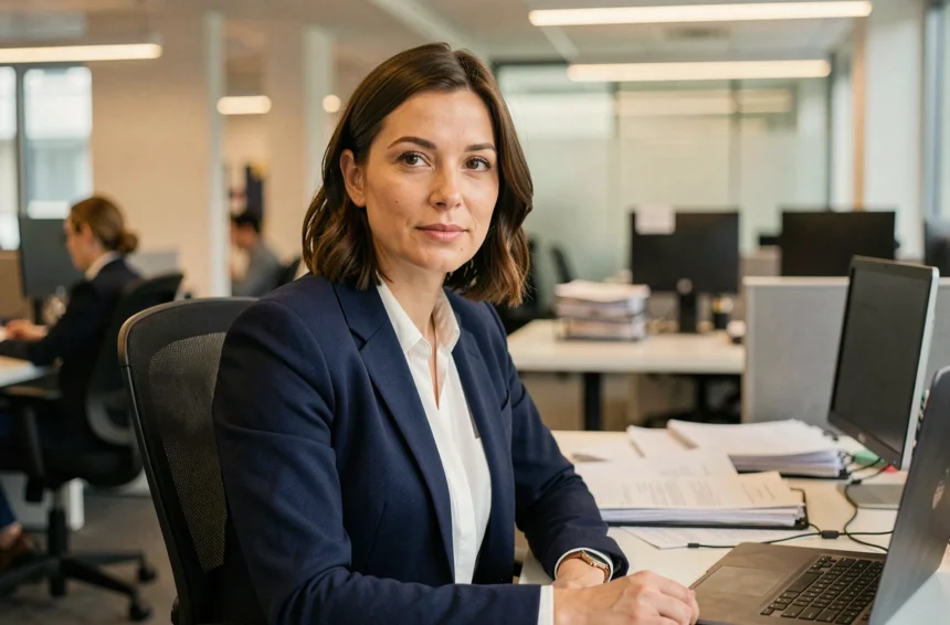 Journaliste française professionnelle assise dans une salle de rédaction moderne, exprimant confiance et sérénité