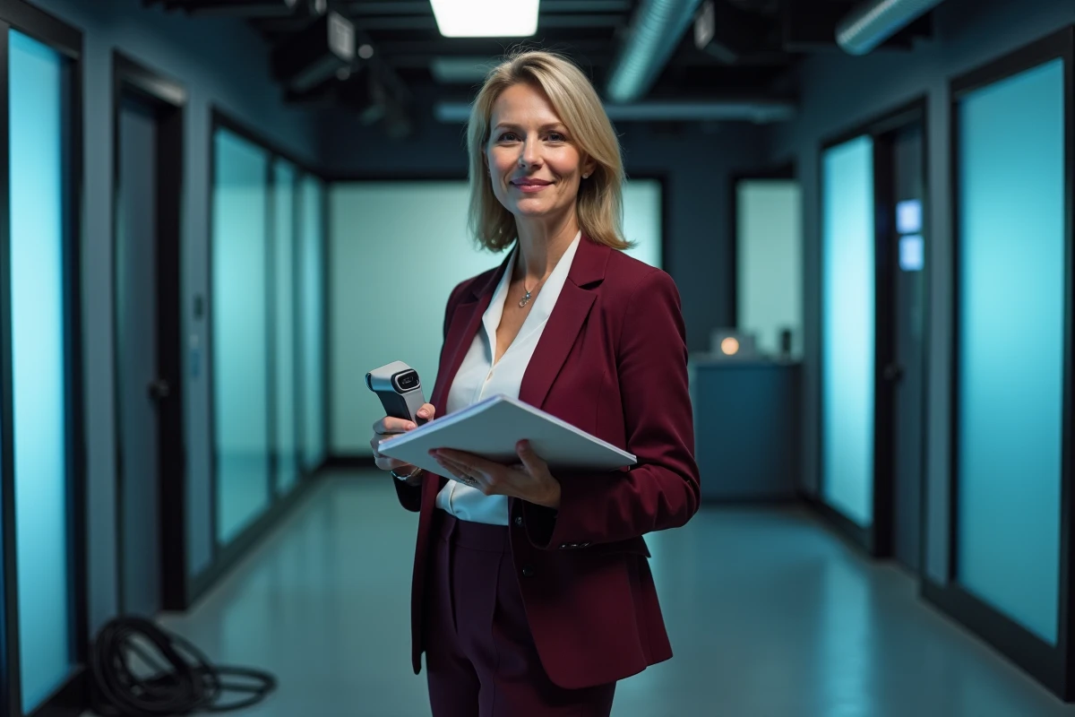Journaliste femme dans un couloir de studio de télévision tenant un carnet de presse et un enregistreur