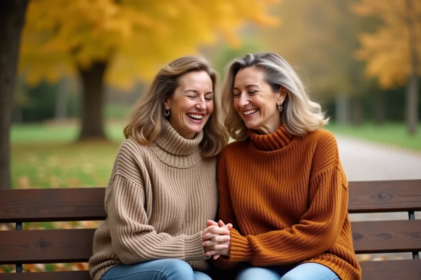 Deux sœurs jumelles adultes assises sur un banc en automne, illustrant l'hérédité des grossesses gémellaires