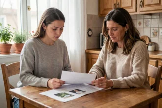 Jeune adulte et sa mère examinant un justificatif de domicile sur papier dans une cuisine familiale