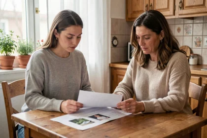 Jeune adulte et sa mère examinant un justificatif de domicile sur papier dans une cuisine familiale