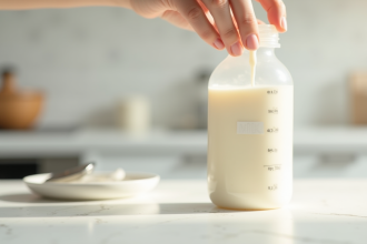 Lait maternel fraîchement exprimé dans une bouteille étiquetée sur un plan de travail lumineux