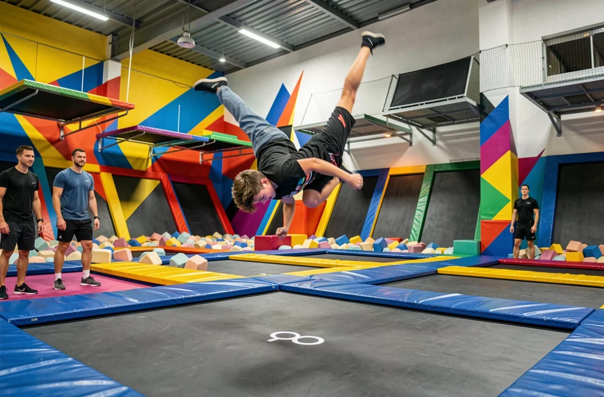 Adolescent effectuant un saut acrobatique au Let's Jump Trampoline Park de Mundolsheim en Alsace