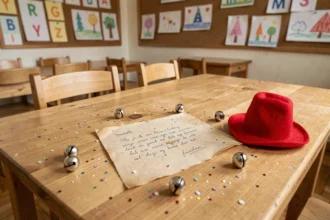 Lettre de lutin farceur posée sur un bureau de maternelle avec confettis et bonnet rouge miniature