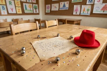 Lettre de lutin farceur posée sur un bureau de maternelle avec confettis et bonnet rouge miniature