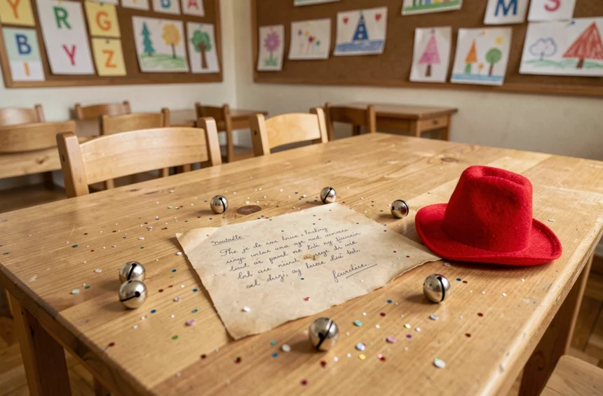 Lettre de lutin farceur posée sur un bureau de maternelle avec confettis et bonnet rouge miniature