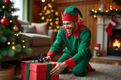 Un adulte déguisé en lutin farceur glisse une farce inoffensive dans un cadeau de Noël dans un salon décoré