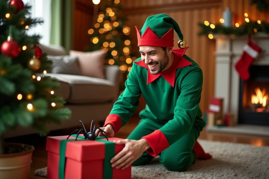 Un adulte déguisé en lutin farceur glisse une farce inoffensive dans un cadeau de Noël dans un salon décoré