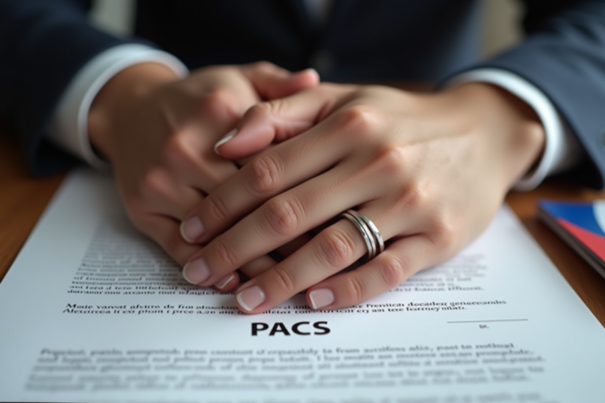 Mains entrelacees avec bagues sur document PACS en France