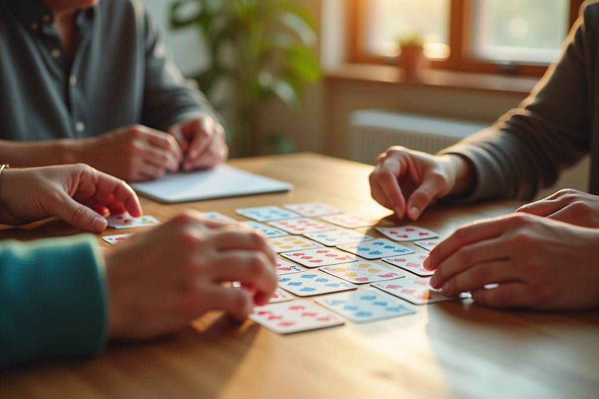 Mains de différentes âges manipulant des cartes rummy colorées