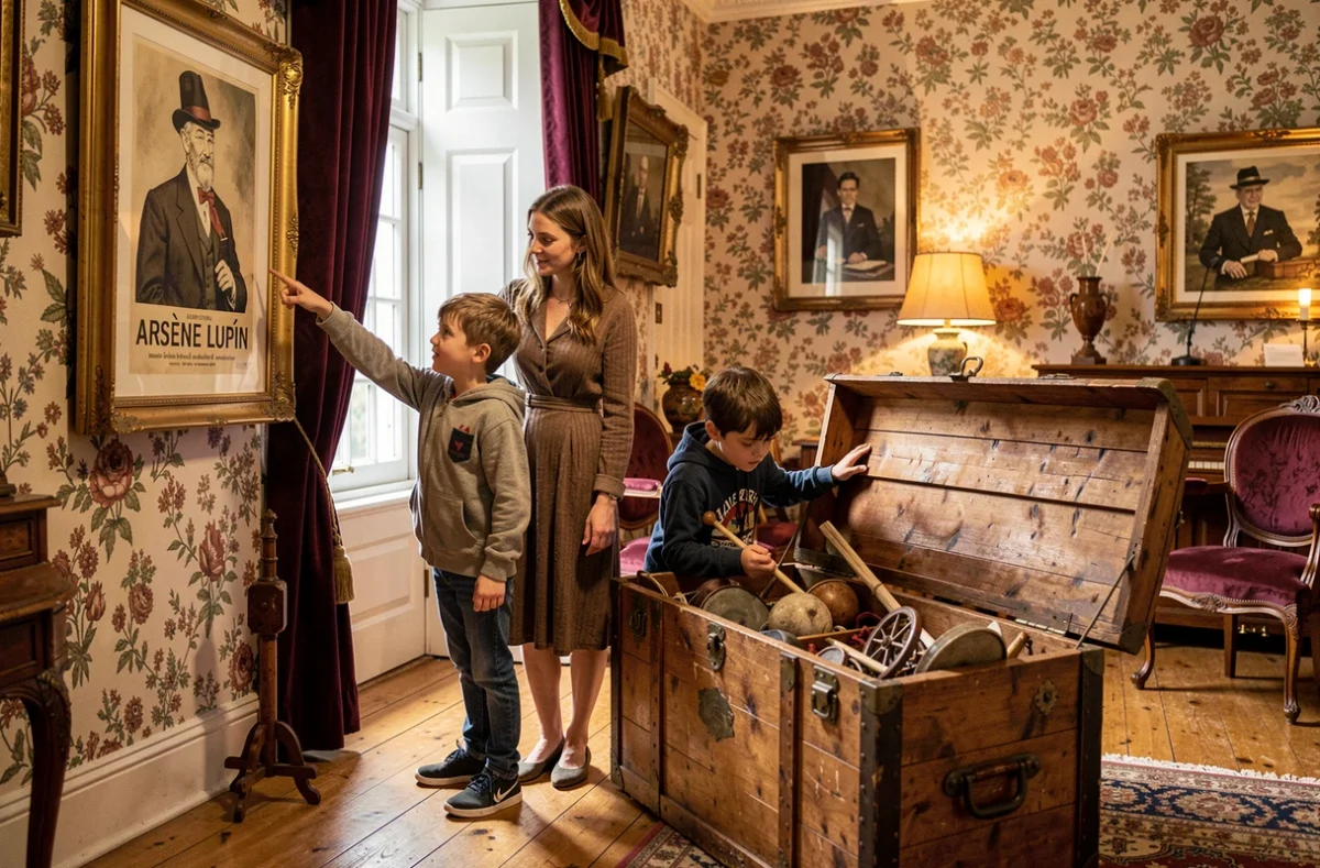 Mère et enfants explorant une salle de la Maison d'Arsène Lupin à Étretat