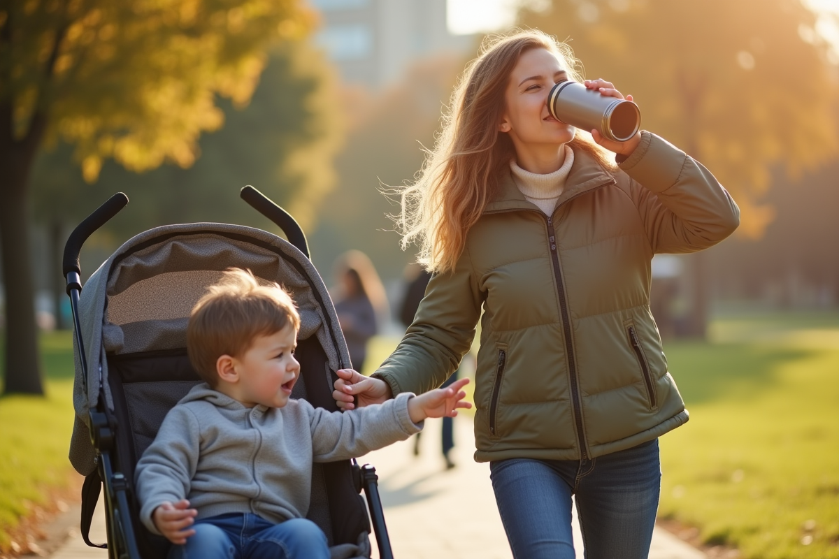 Maman marche avec son bébé dans un parc ensoleille