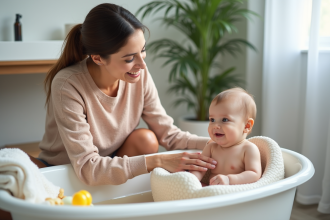 Maman souriante soutenant son bébé dans la baignoire
