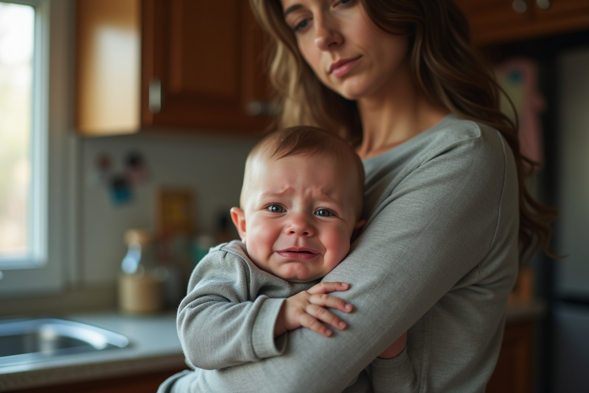 Maman épuisée berçant son bébé pleurant dans la cuisine