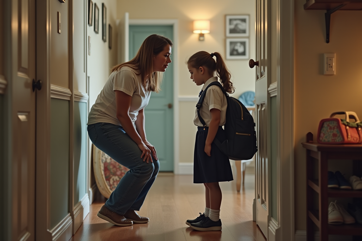 Maman parlant doucement à sa fille dans le couloir