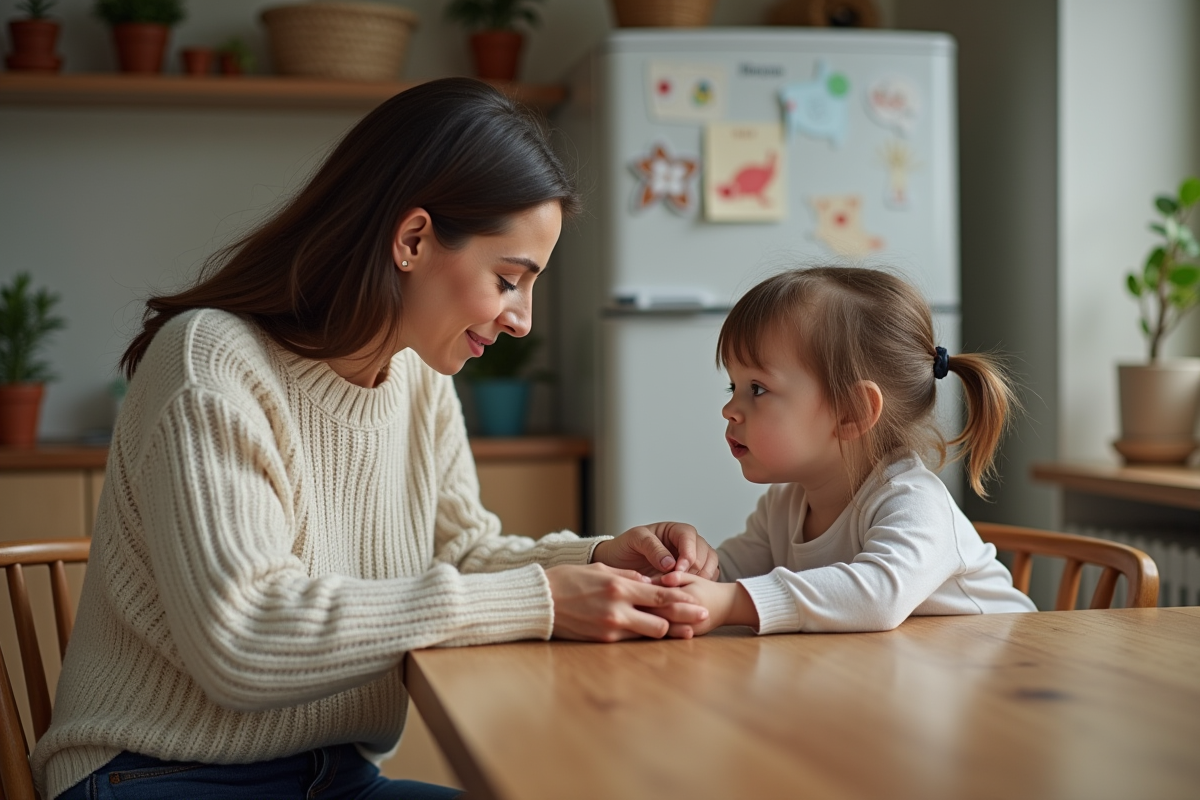 Maman rassurante tenant la main de sa fille à la table