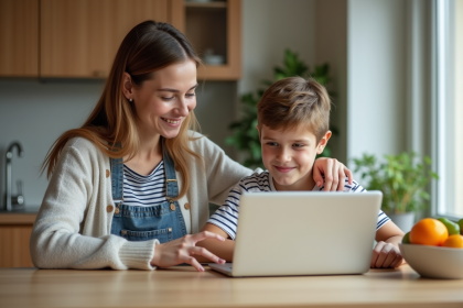 Mère et enfant au bureau cuisine lumineux et chaleureux