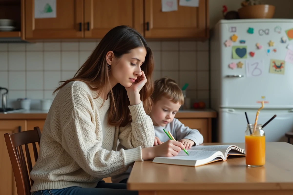 Maman lisant un livre avec son enfant dans la cuisine chaleureuse