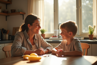 Maman parlant avec son enfant à la cuisine lumineuse