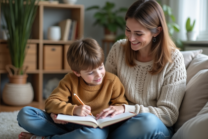 Maman souriante avec son fils dessinant à la maison