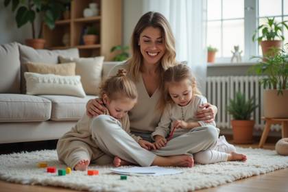 Femme et fille dessinant dans un salon chaleureux