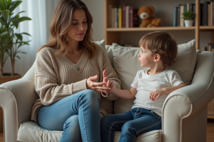 Femme pensante avec enfant dans un salon chaleureux