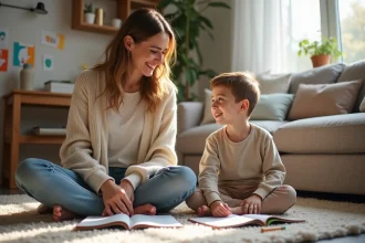 Maman et son enfant jouent avec des livres et crayons dans le salon