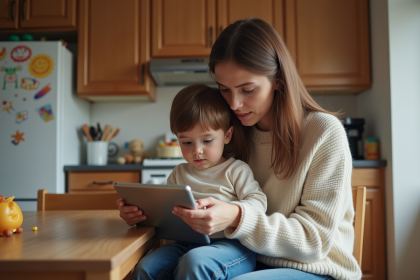 Maman et enfant regardant une tablette dans la cuisine