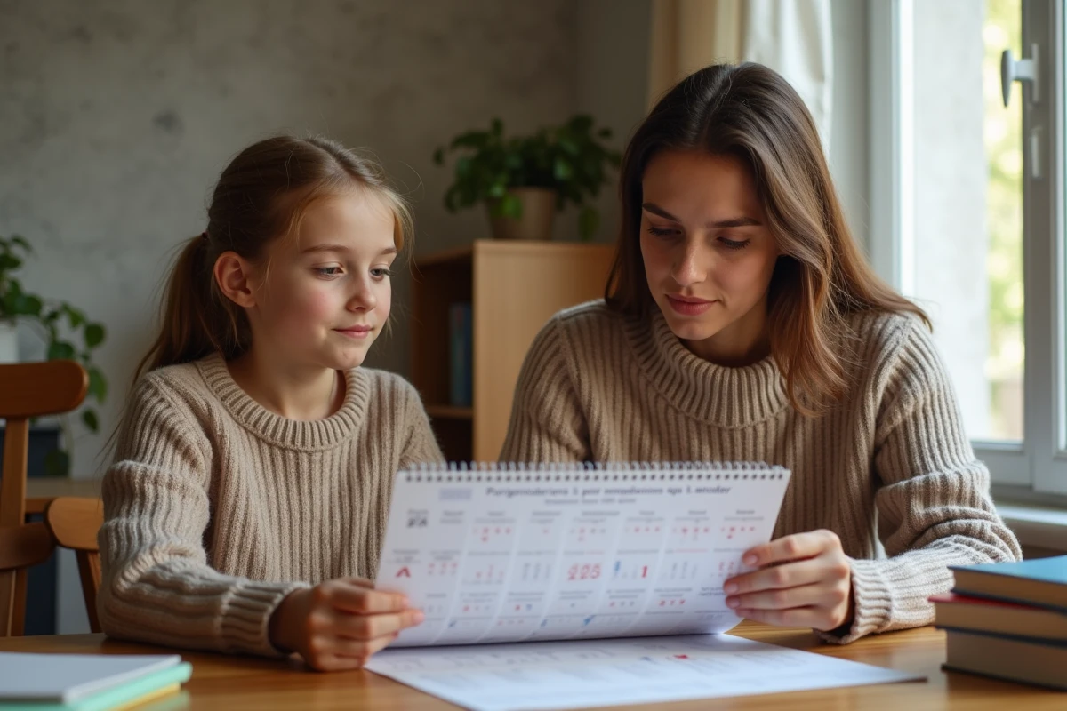 Mère et fille étudient calendrier vacances automne 2026