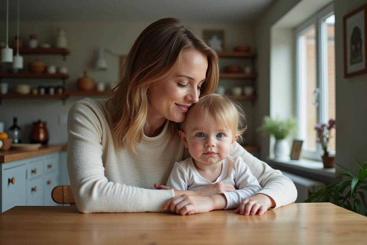 Femme avec enfant dans une cuisine chaleureuse