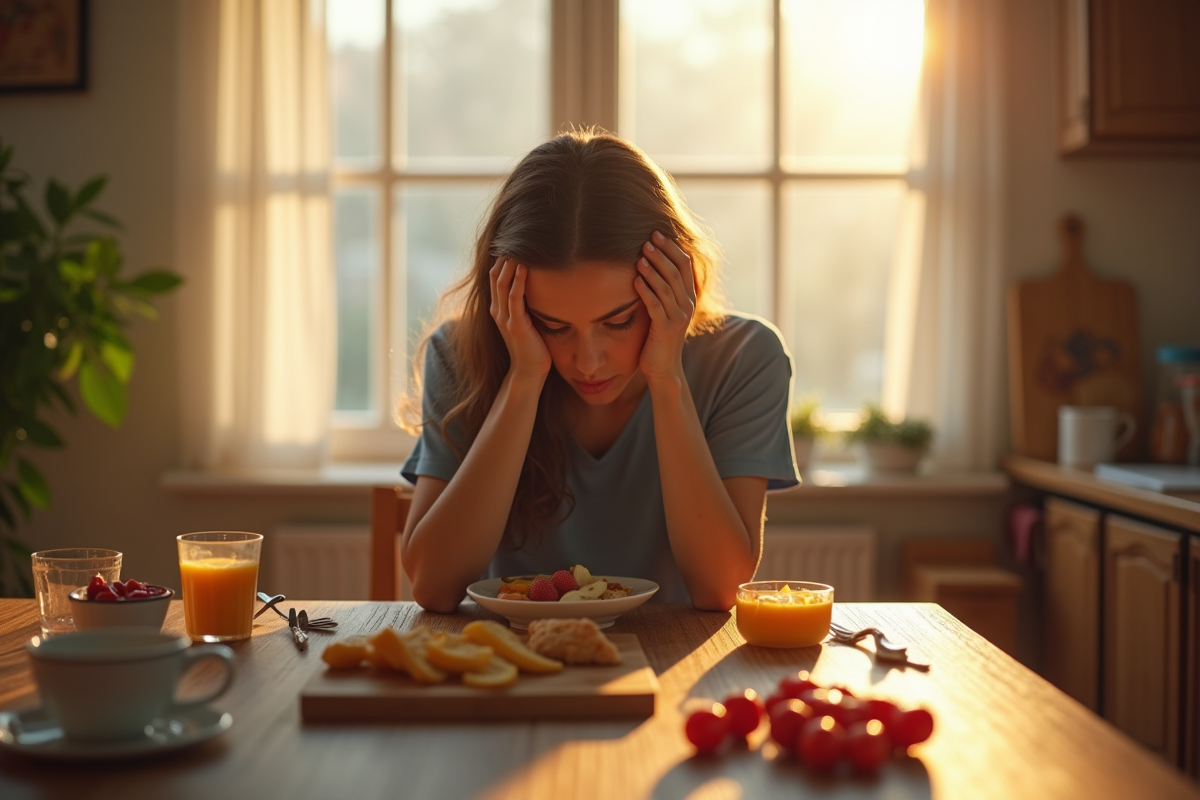Maman fatiguée assise à la cuisine le matin