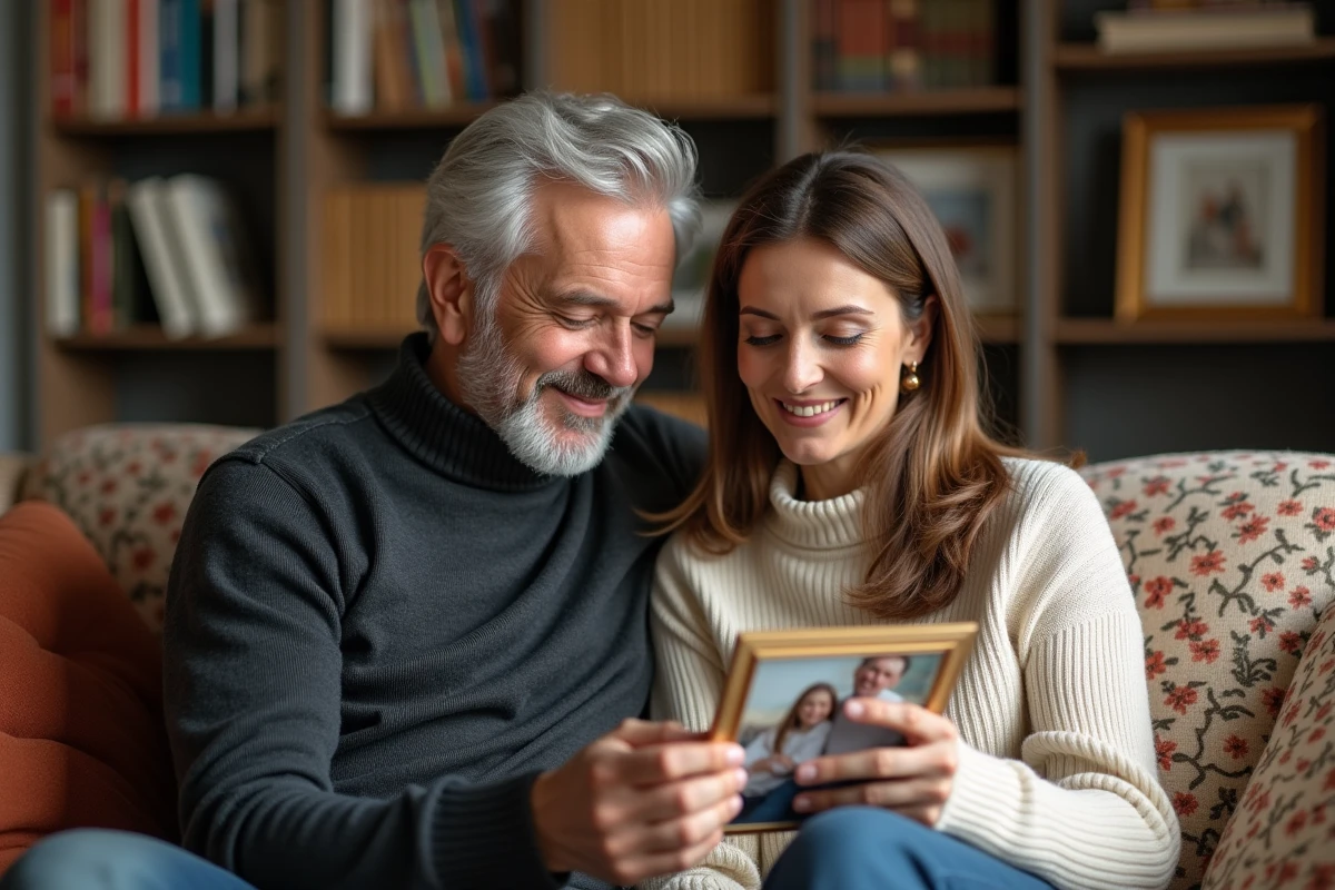 Couple regardant ensemble une photo de famille dans un salon cosy parisien, moment intime et complice