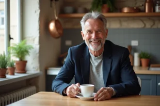 Marc Toesca souriant dans sa cuisine parisienne, portrait intimiste de vie privée
