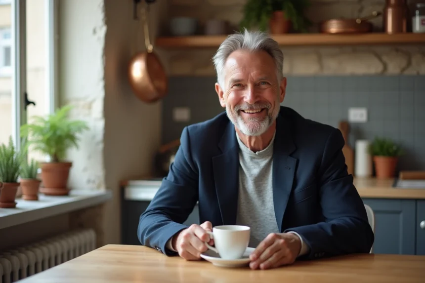 Marc Toesca souriant dans sa cuisine parisienne, portrait intimiste de vie privée